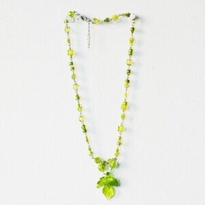 Unique Handmade Upcycled Beaded Necklace with Green Glass Leaf Pendant